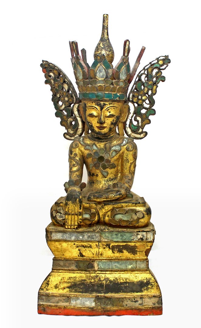 Appraisal: A giltwood figure of a seated Buddha with glass ornamentation