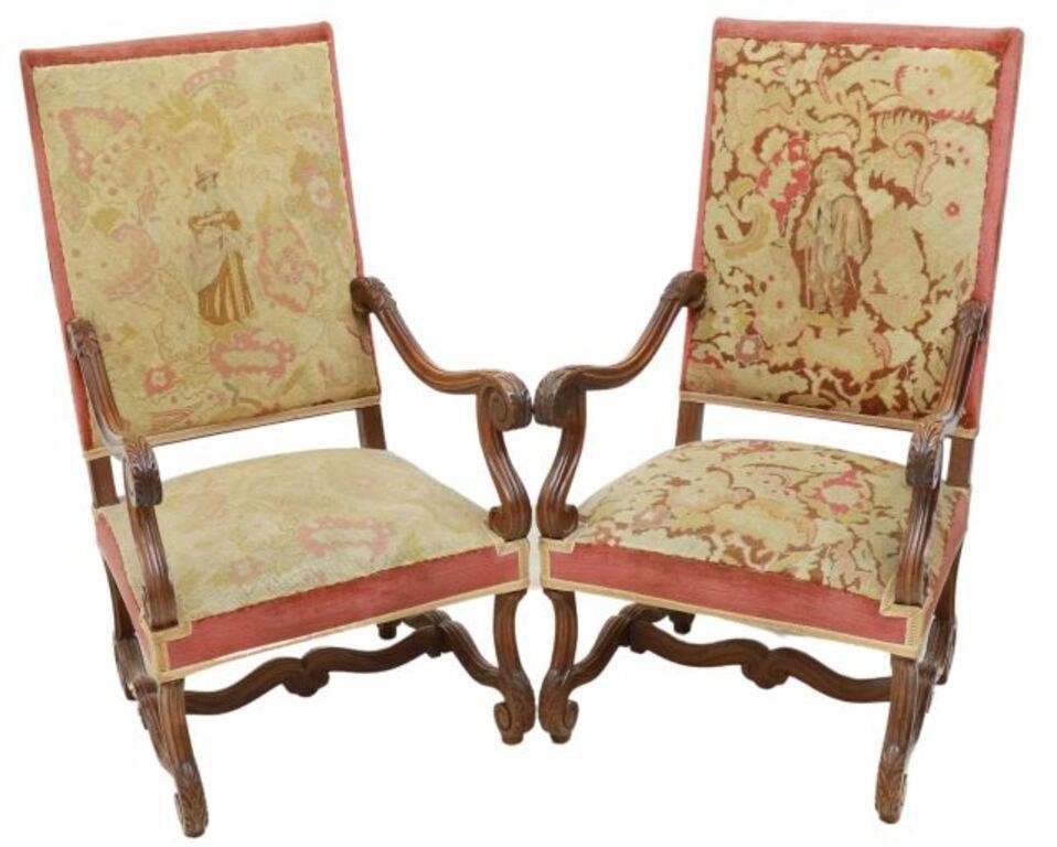 Appraisal: pair French Louis XIV style armchairs th c having square