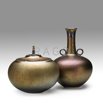 Appraisal: HIDEAKI MIYAMURA b Two porcelain vases gold Tenmoku glaze Kensington