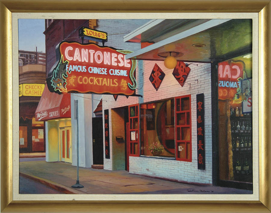 Appraisal: WILLIAM NELSON American - CHINESE RESTAURANT Oil on canvas street