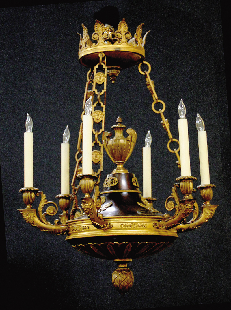 Appraisal: French Empire parcel-gilt bronze six-light chandelier th century pierced leaf