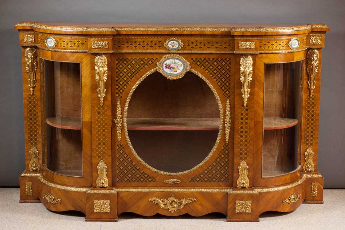 Appraisal: LOUIS XVI STYLE ORMOLU AND PORCELAIN MOUNTED PARQUETRY CONSOLE CABINET