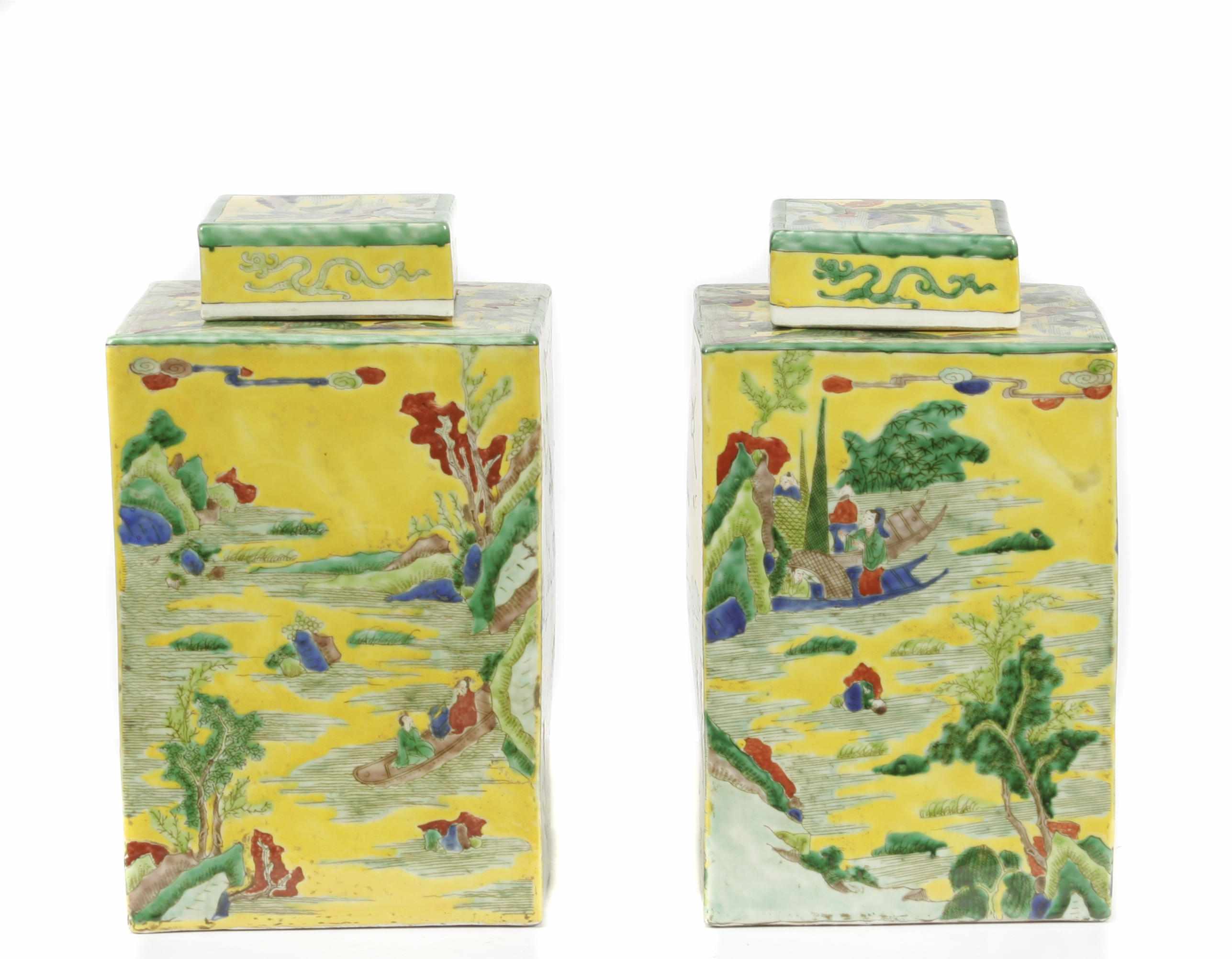 Appraisal: A pair of Chinese famille jaune porcelain tea caddies height