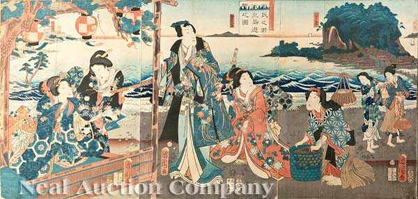 Appraisal: Toyohara Kunichika Japanese - woodblock print triptych depicting Beauties in