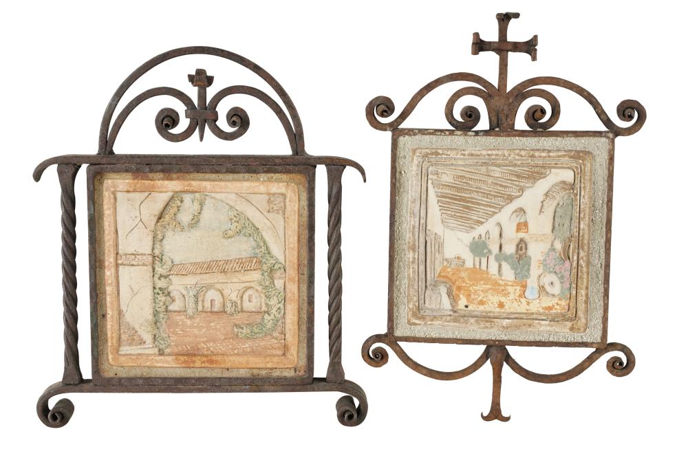 Appraisal: TWO IRON-FRAMED TILESeach depicting a California mission Condition each metal