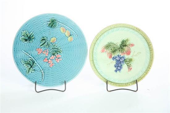 Appraisal: TWO GERMAN MAJOLICA PLATES Blue basket weave ground with leaf