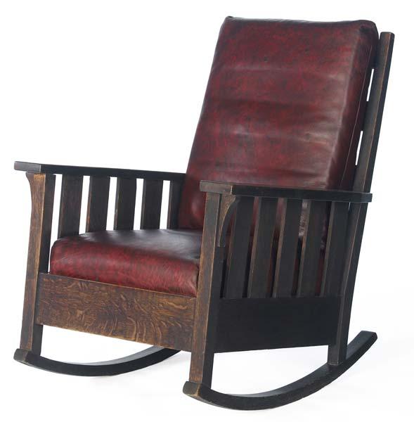 Appraisal: GUSTAV STICKLEY Rocker no with slatted sides and new cushions