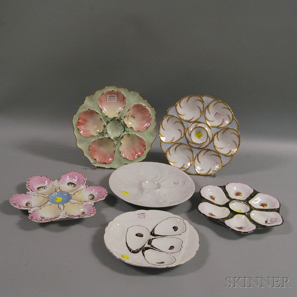 Appraisal: Six European Mostly Hand-painted Oyster Plates th th century dia