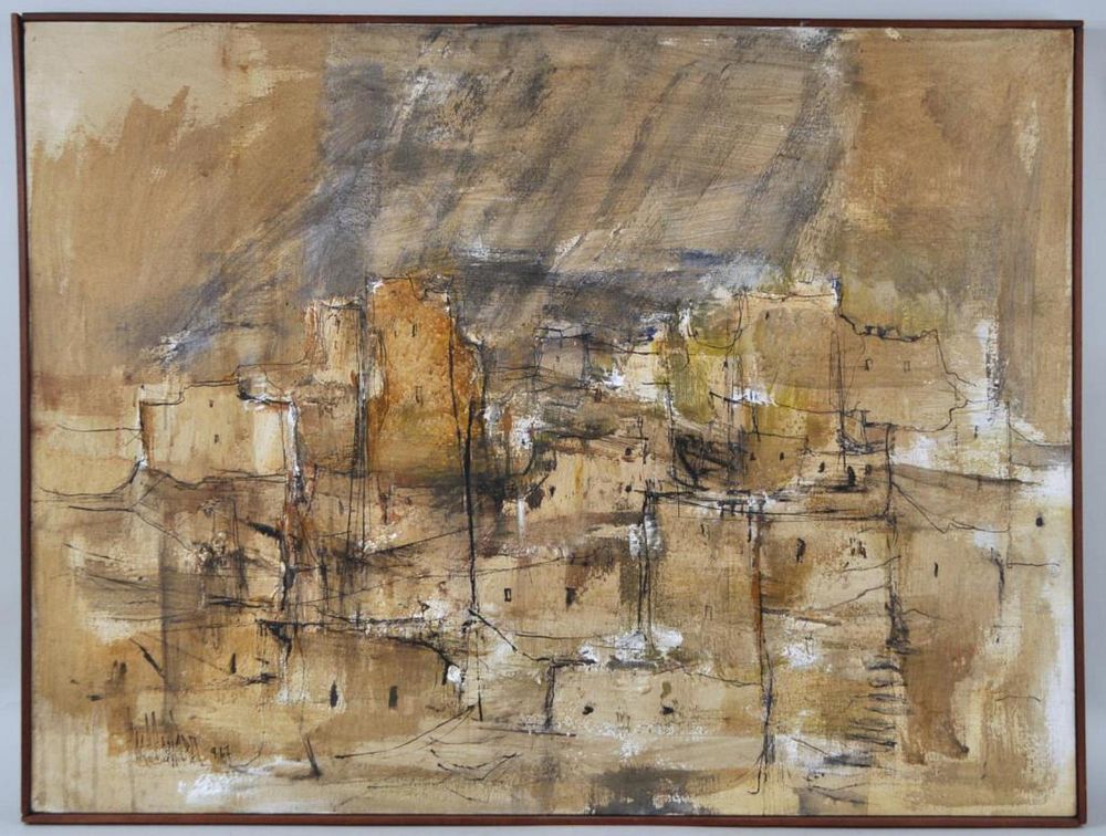 Appraisal: MCM Abstract O C abstract cityscape possibly Middle Eastern Illegibly