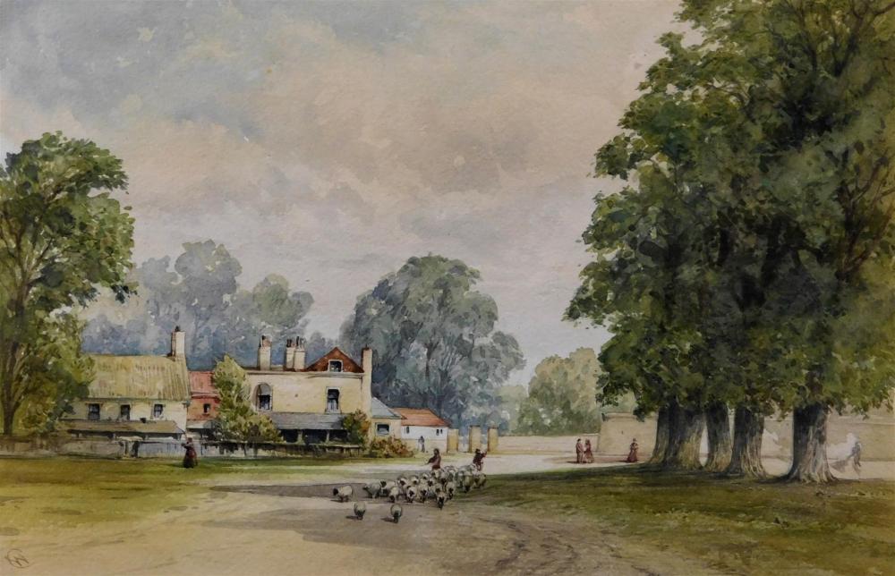 Appraisal: Watercolor and gouache English school c village scene with flock