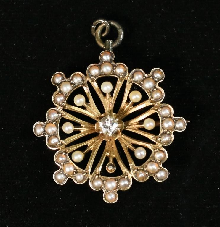 Appraisal: K gold pin pendant with pearls and center diamond diameter