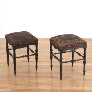 Appraisal: Pair Victorian ebonized wood stools Pair Victorian ebonized wood stools