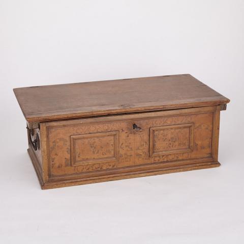 Appraisal: Continental Punch Decorated Walnut Chest th century with wrought iron