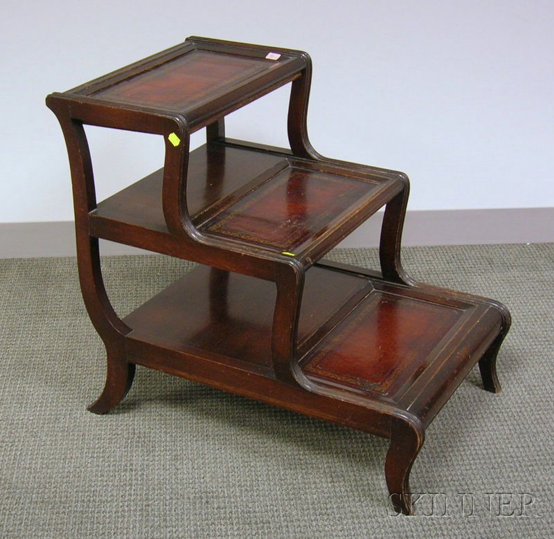 Appraisal: Georgian-style Mahogany Library Steps with Gilt Tooled Leather-inset Treads ht