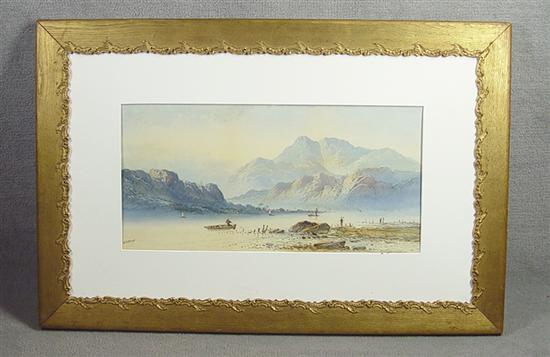 Appraisal: Watercolor of Figures in Boats With mountains in rear Signed