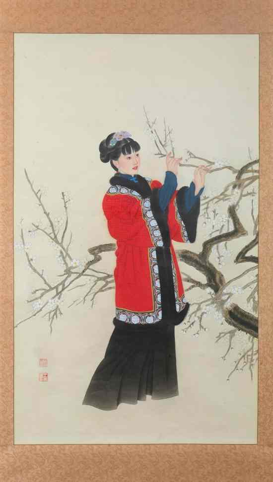 Appraisal: AFTER WANG MEIFANG Chinese b BEAUTY IN GARDEN WITH PLUM