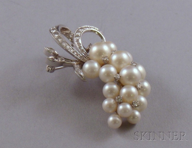 Appraisal: White Gold Pearl and Diamond Spray Brooch x in