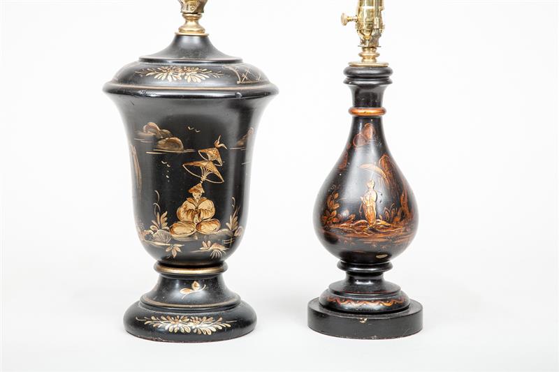 Appraisal: Chinoiserie Black-Glazed Pottery Lamp Ralph Lauren Design and Two Black