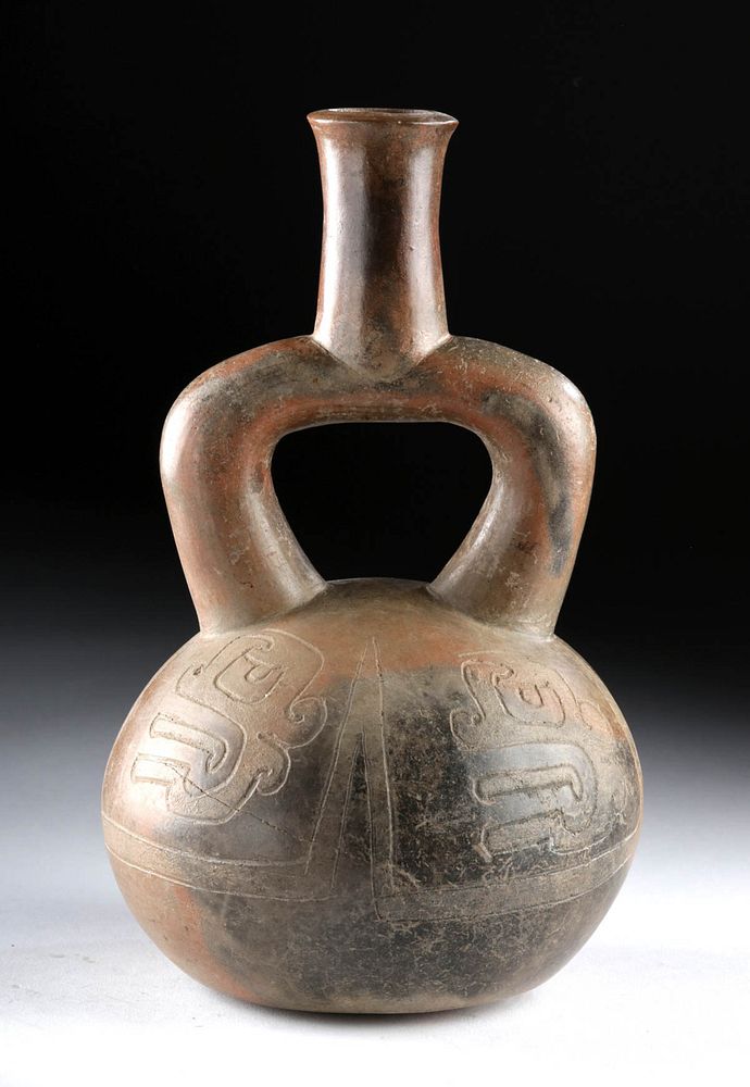 Appraisal: Chavin Brownware Stirrup Vessel Abstract Motifs Pre-Columbian North Coast Peru