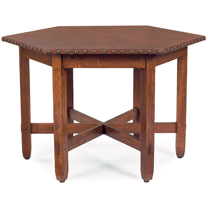 Appraisal: Stickley Brothers table leather hexagonal top over tapered legs with