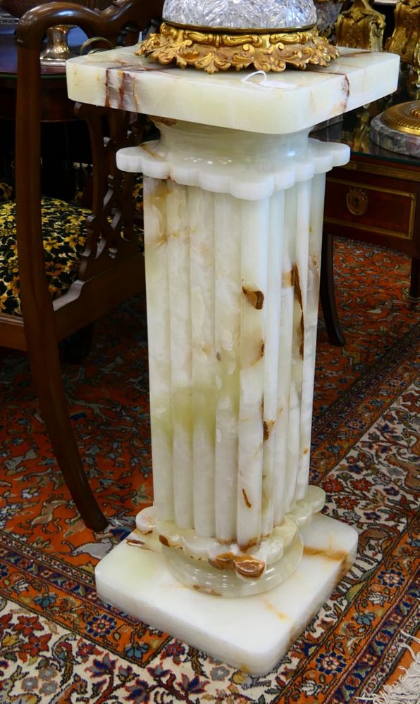 Appraisal: FRENCH WHITE ONYX STONE SQUARE RIBBED PEDESTAL French white onyx