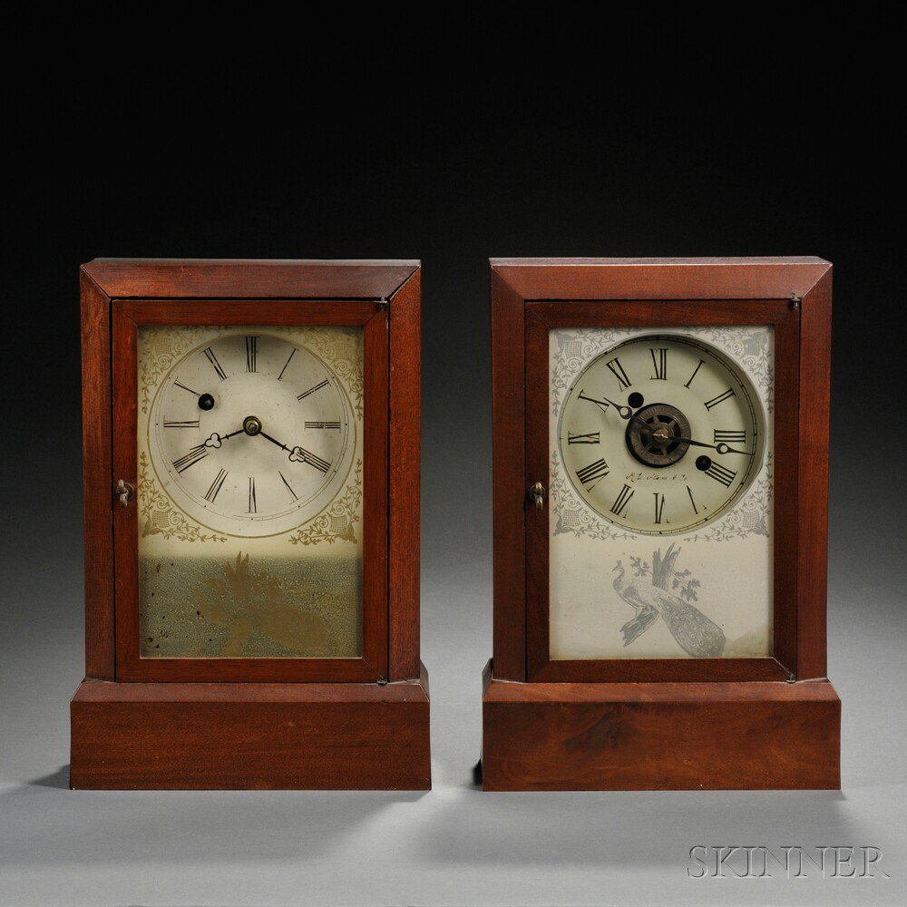 Appraisal: Pair of Atkins Cottage Clocks both flat-top mahogany cases with