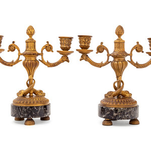 Appraisal: A Pair of French Gilt Bronze and Marble Two-Light Candelabra