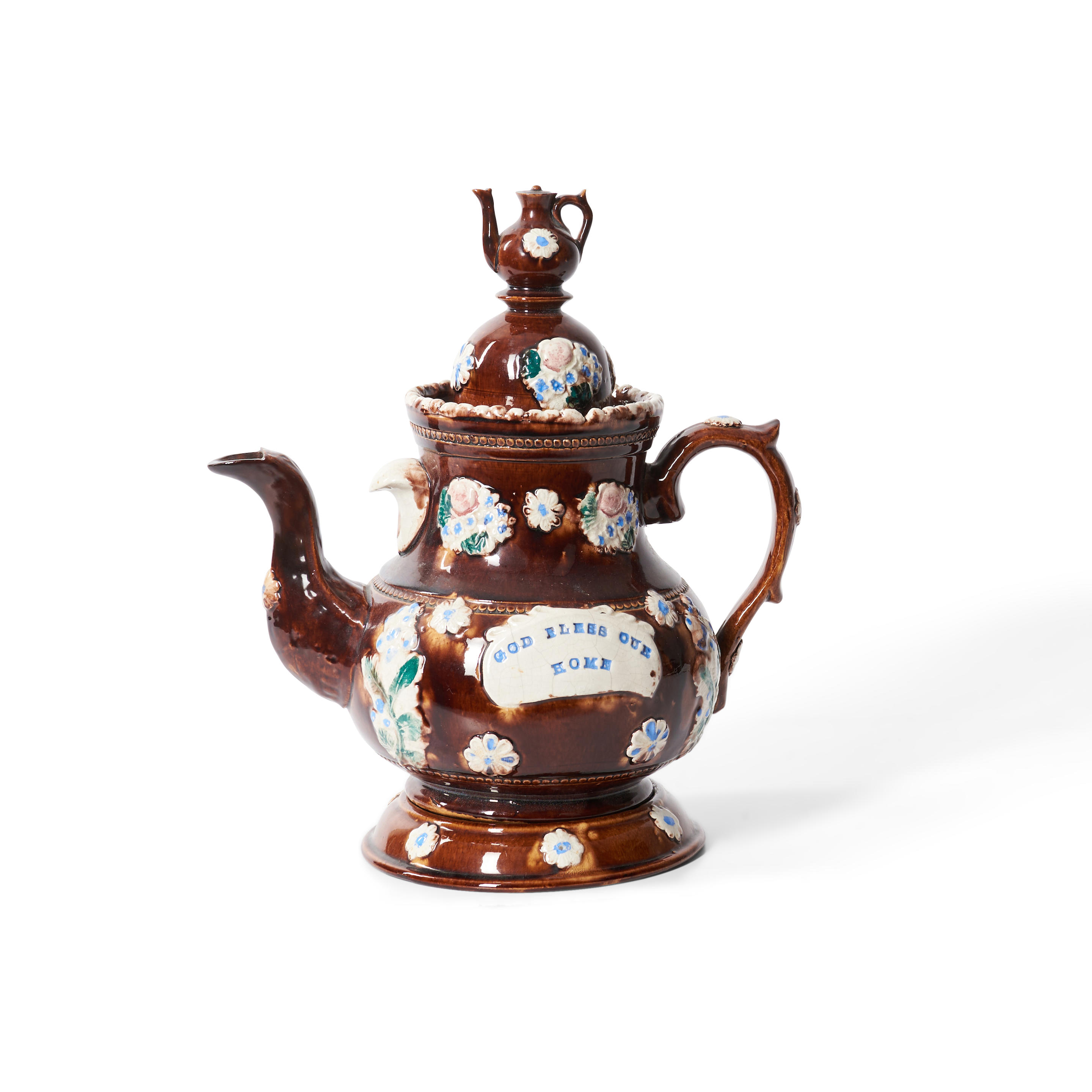 Appraisal: ENGLISH BARGEWARE TEAPOT decorated with floral bouquets and a plaque