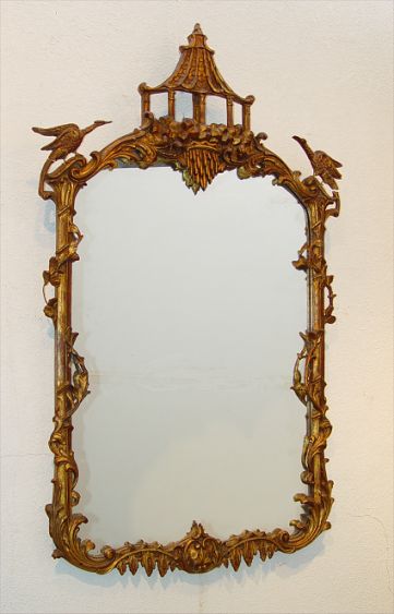 Appraisal: CARVED GILTWOOD CHINESE CHIPPENDALE MIRROR Ca - Pagoda and bird