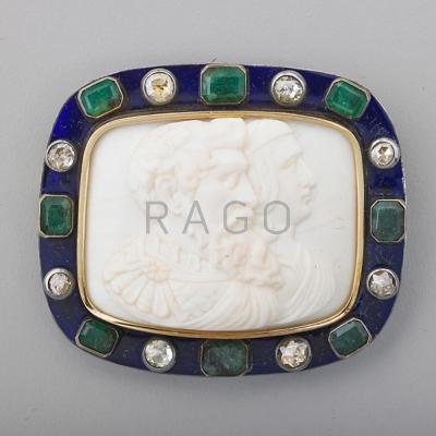 Appraisal: LARGE ENAMELED JEWELED CONCH CAMEO BROOCH Cushion-shaped cameo depicts Roman