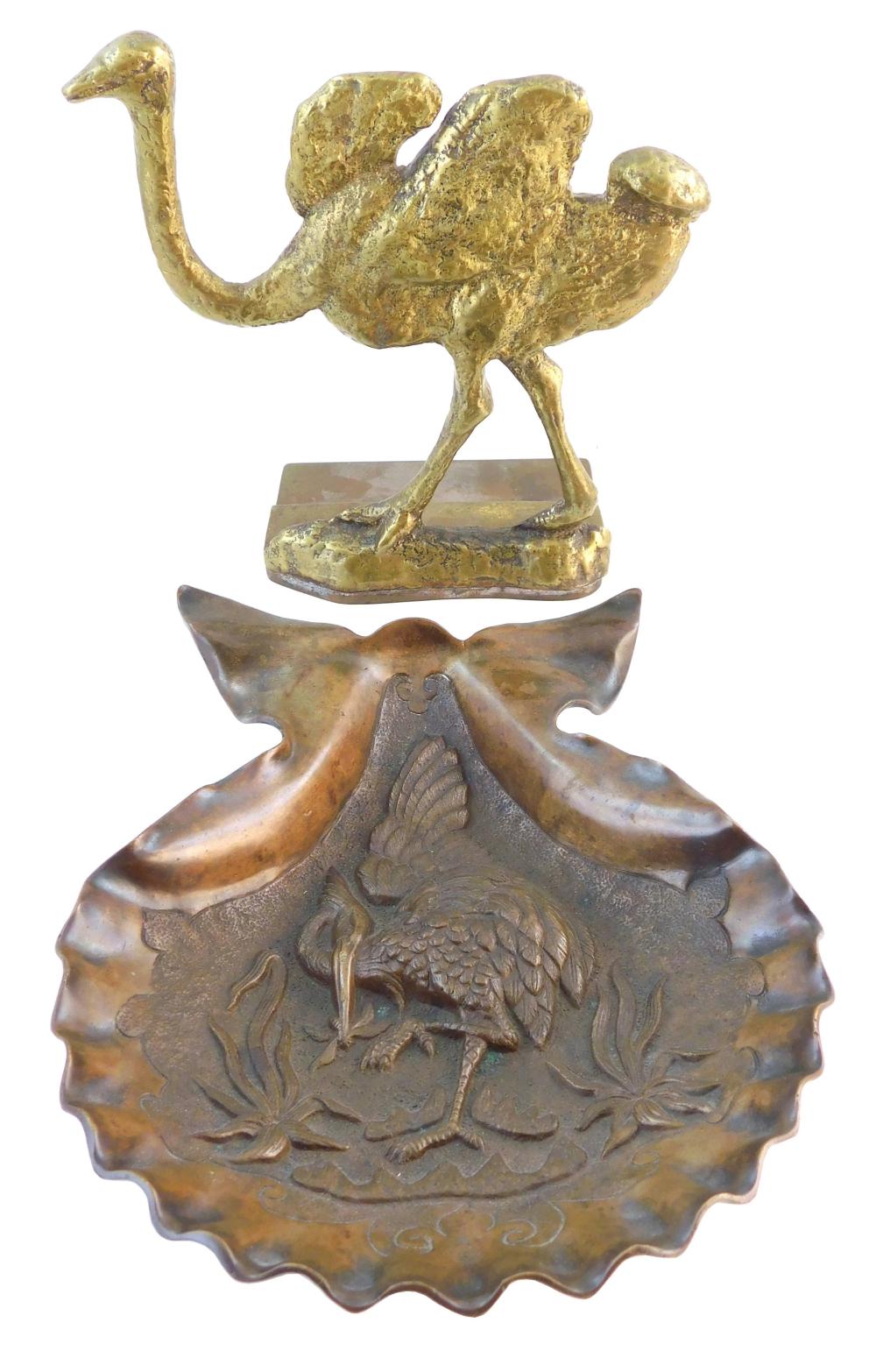 Appraisal: Large brass ostrich door stop and also a shell dish