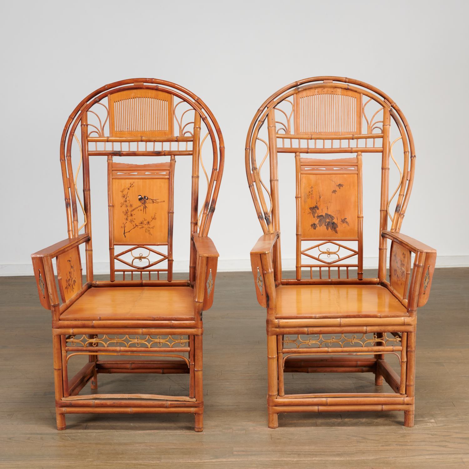 Appraisal: PAIR CHINESE EXPORT BAMBOO HIGH-BACK ARMCHAIRS th th c openwork