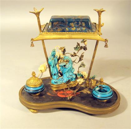 Appraisal: French gilt bronze porcelain and lacquer inkstand th century