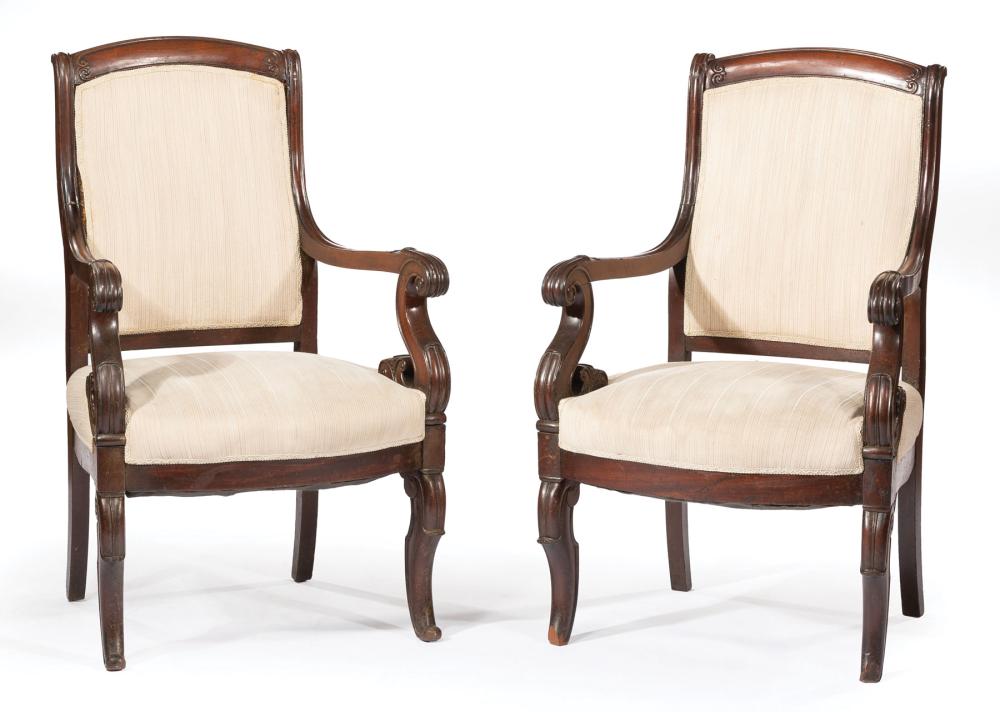 Appraisal: Pair of American Classical Carved Mahogany Armchairs Boston scrolled panel