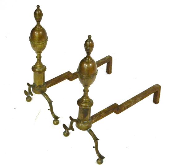 Appraisal: Antique brass andirons with lemon shaped finials expected surface wear