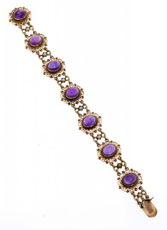 Appraisal: AN AMETHYST SEED PEARL AND GOLD BRACELET composed of seven