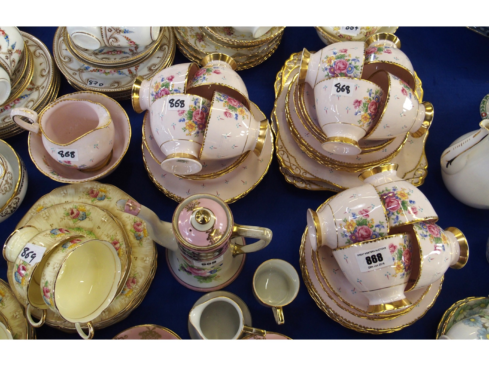 Appraisal: Tuscan pink ground teaset decorated with flowers