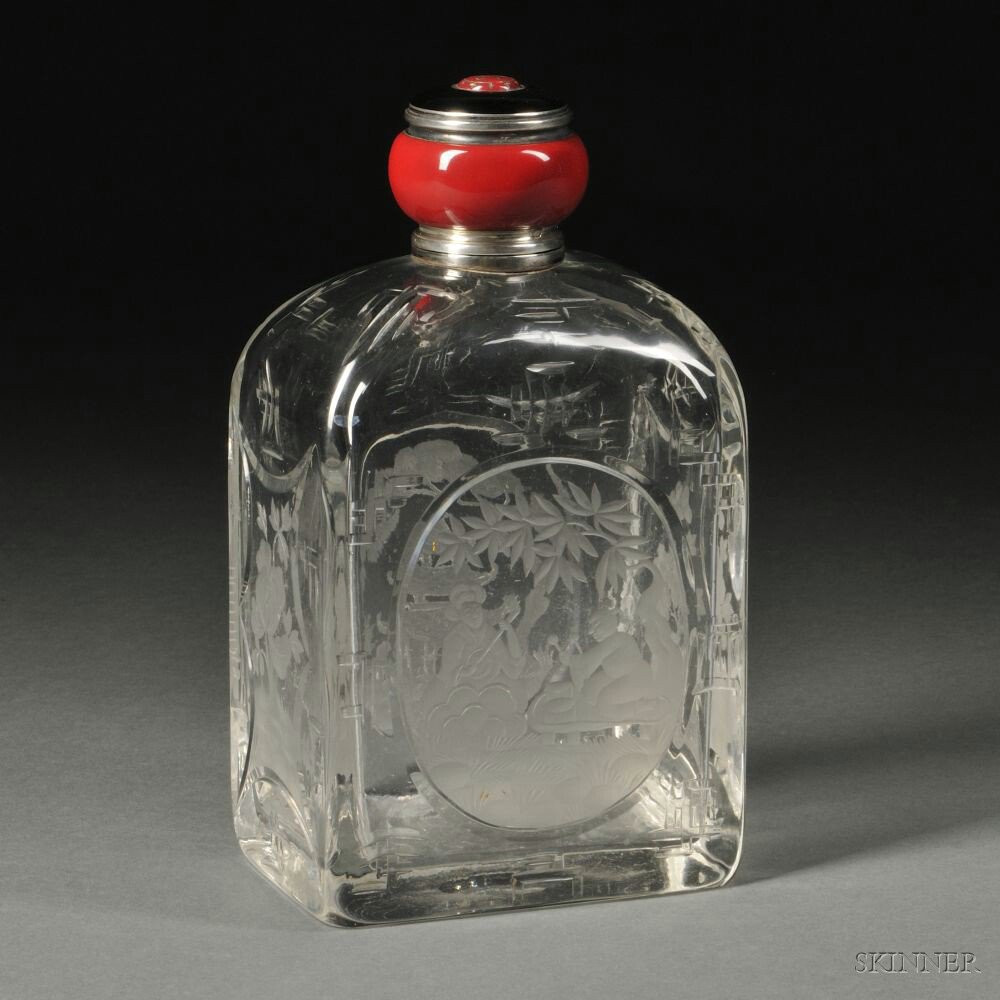 Appraisal: French Baccarat-style Enameled Silver-mounted Cut and Engraved Colorless Glass Cologne