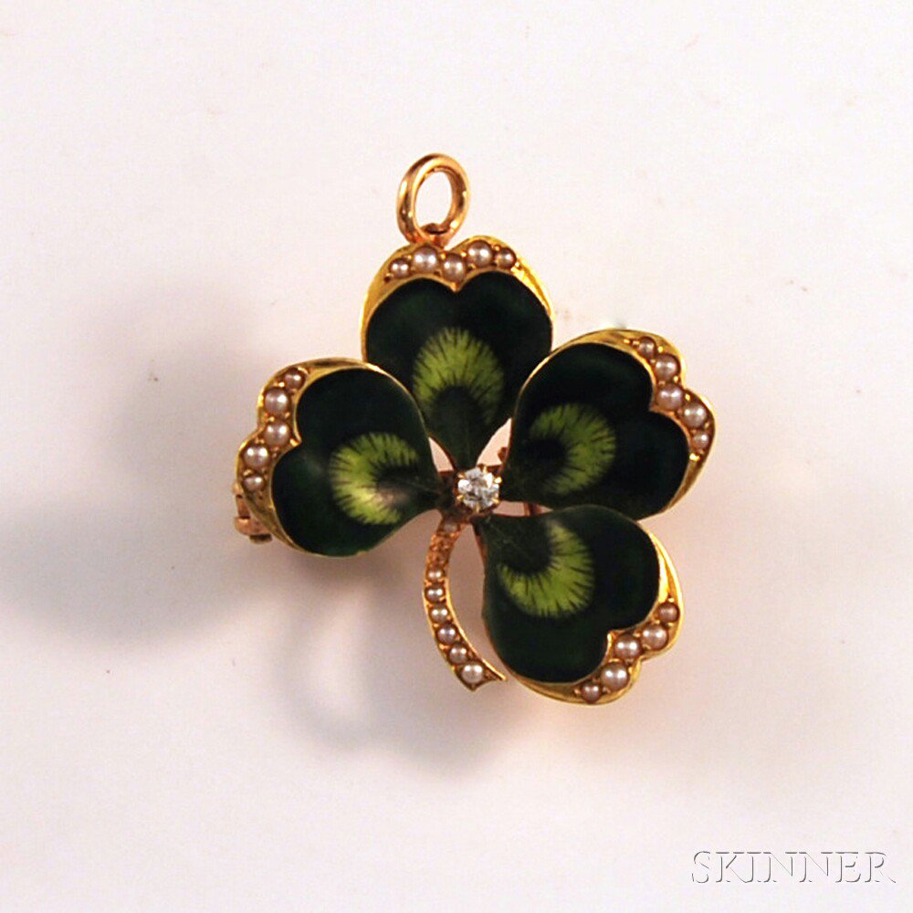 Appraisal: Krementz kt Gold Enamel Seed Pearl and Diamond Four-leaf Clover