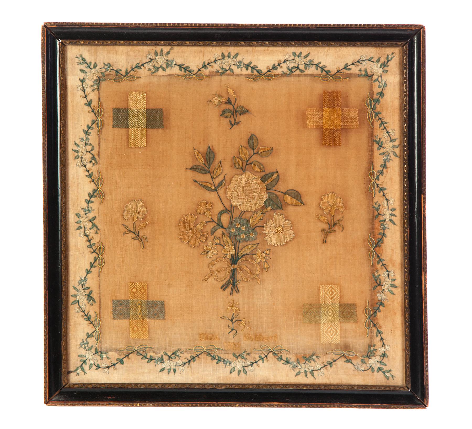 Appraisal: DARNING SAMPLER WITH FLOWERS American or English dated silk on