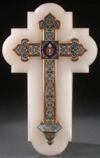 Appraisal: FRENCH ENAMEL HOLY WATER FONT A FRENCH ONYX AND ENAMEL