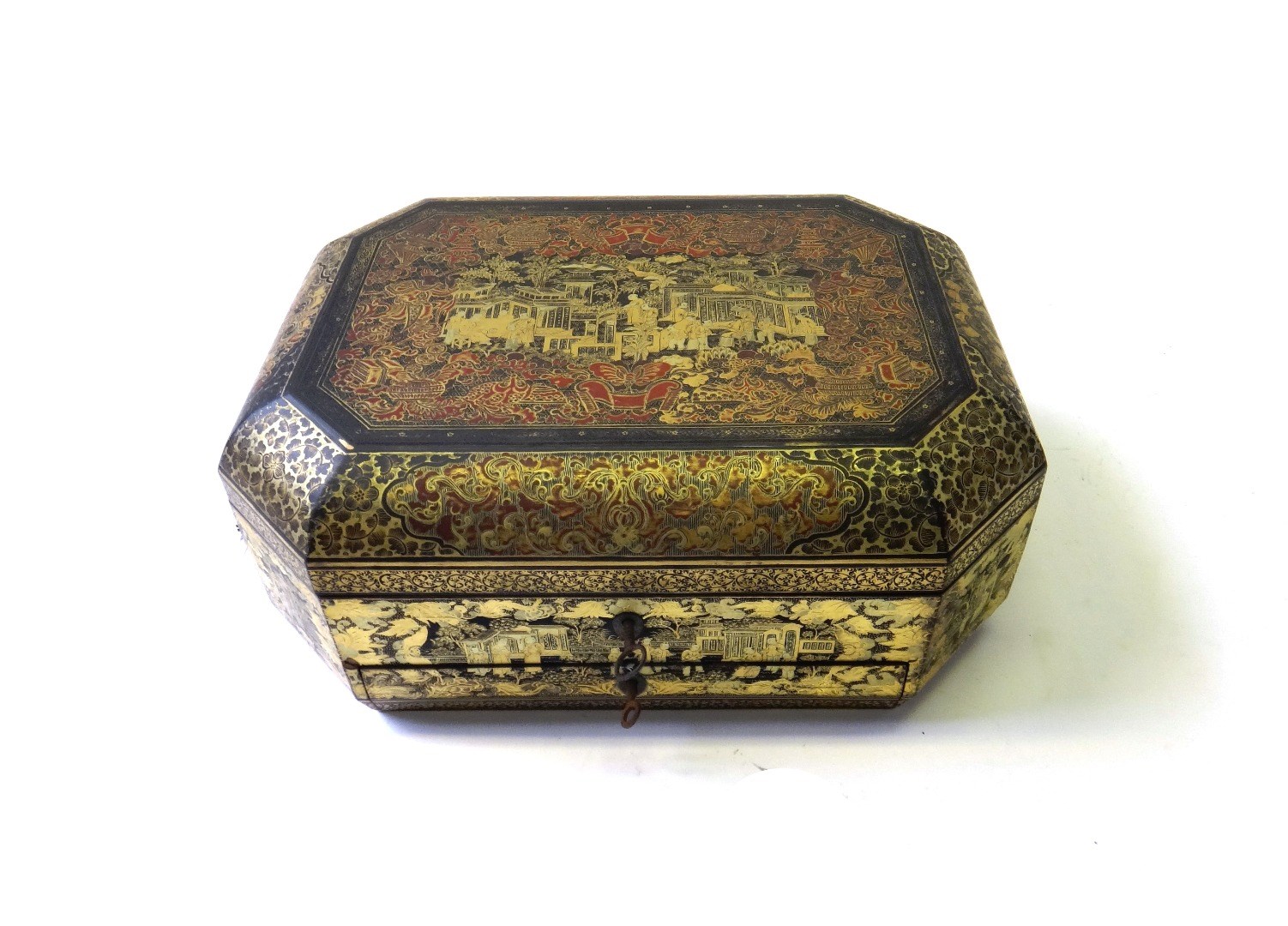 Appraisal: A Chinese gilt chinoiserie lacquer workbox circa of canted rectangular