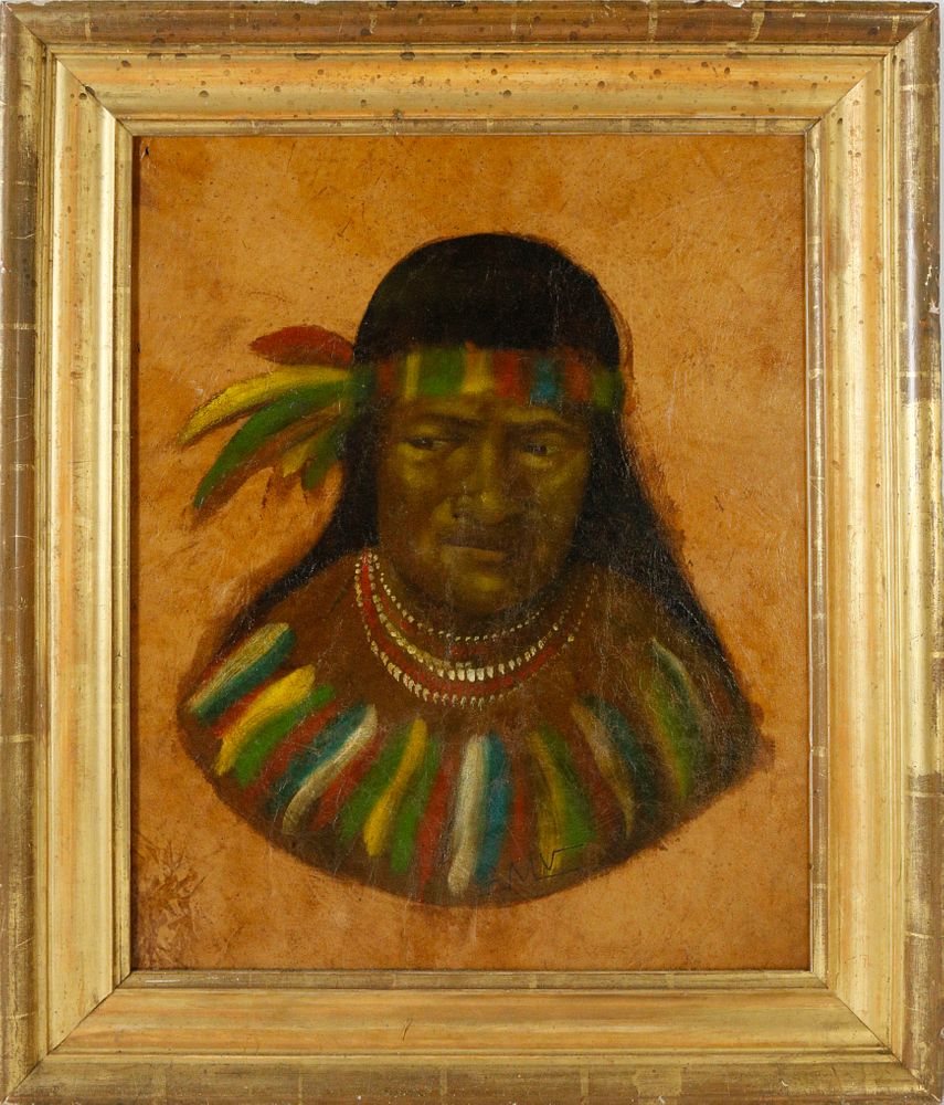 Appraisal: Vintage Oil on Hide Portrait of a Native American Vintage