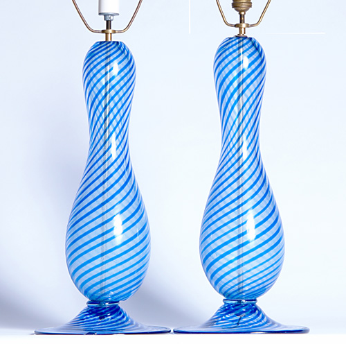 Appraisal: VENINI Pair of blue and clear swirled glass table lamps