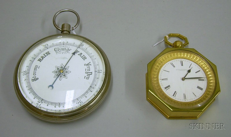 Appraisal: Brass Desk Clock and a Nickel-cased Travel Barometer the clock