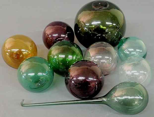 Appraisal: Group of nine colorful blown glass balls or floats largest