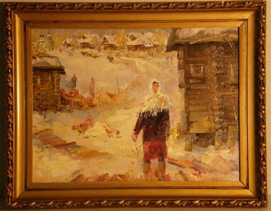 Appraisal: Gorunov Russian modern woman with chicken and buildings signed oil