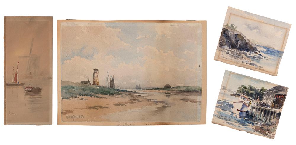 Appraisal: FOUR WATERCOLORSFOUR WATERCOLORS Coastal scene with lighthouse by William Paskell