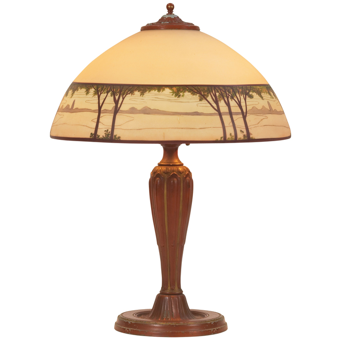 Appraisal: Jefferson table lamp obverse-paintedshade with landscape motif on a faux-copperbase