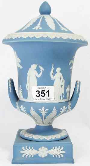 Appraisal: Wedgwood dipped blue Two handled jasperware Urn cover height cm